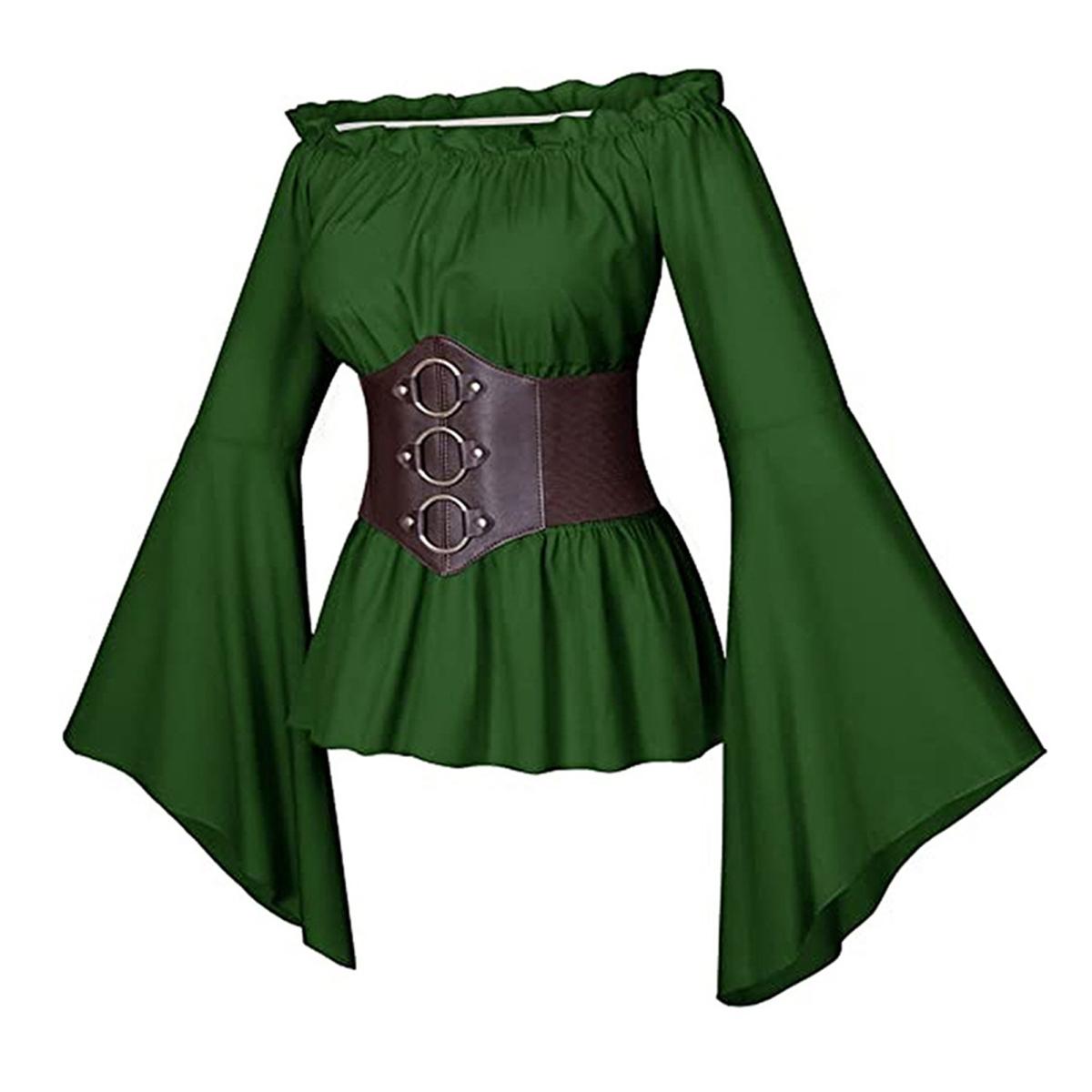 

Yousheng Женский топ с корсетом Средневековый пиратский блузка с открытыми плечами и расклешенными рукавами, лепестковый подол, костюм для косплея на фестивале S зелёный