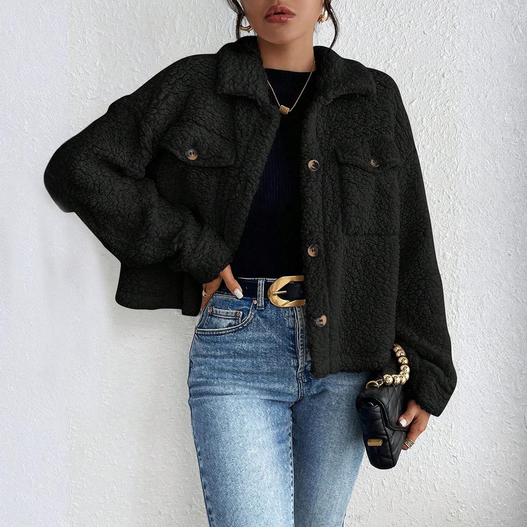 Women's Fashionable Solid Color Long Sleeved Lapel Pocket Plush Short Casual Jacket Jacket