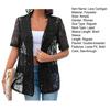 Women Lace Cardigan Lapel Short Sleeve Decorative Pockets Suit Coat See-through Hollow Floral Lace Double-breasted Shirt Coat
