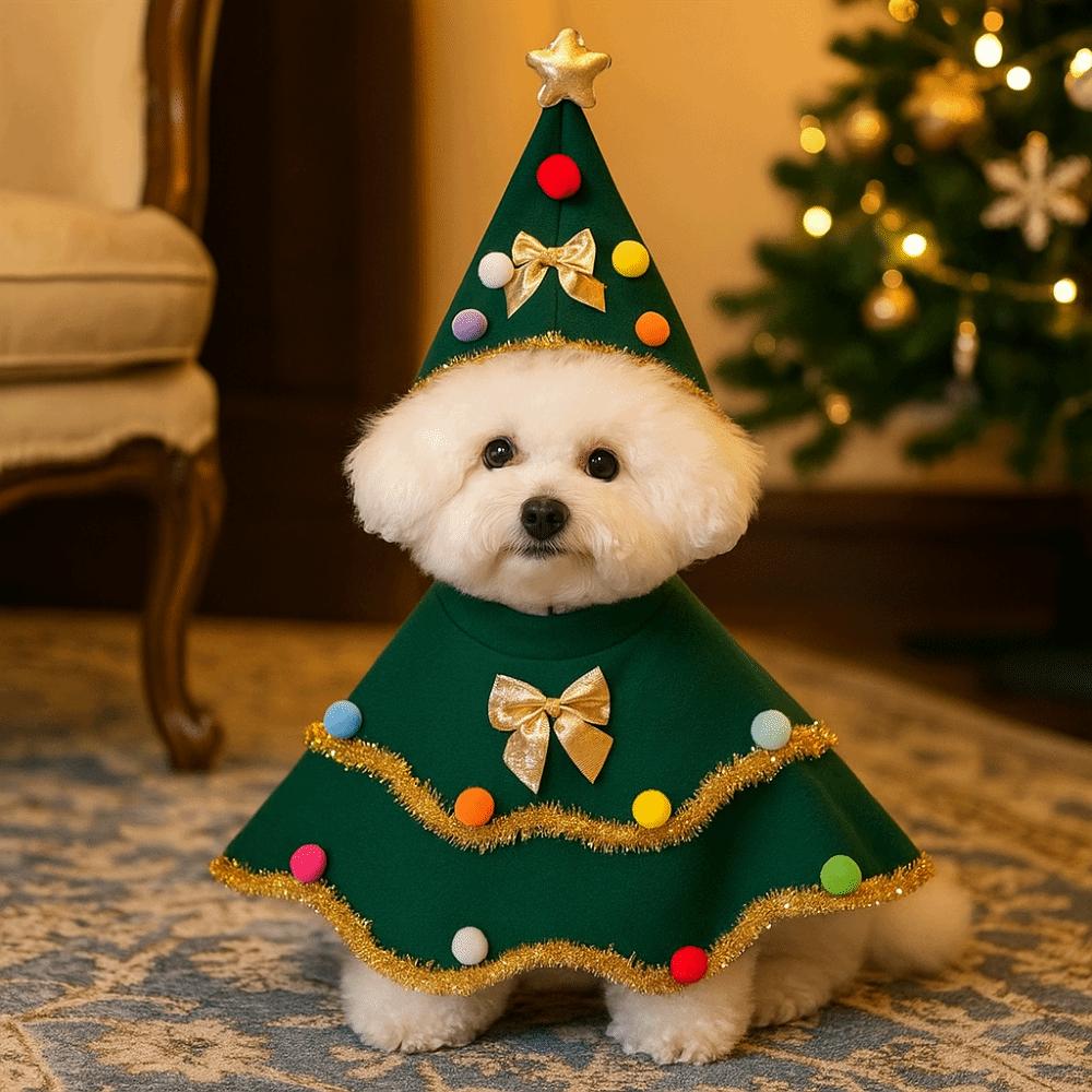 Cartoon Christmas Dog Cape Adjustable Polyester Dog Cosplay Dress Christmas Tree Design Unique Pet Christmas Clothing