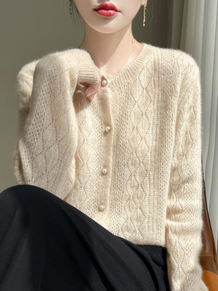 Spring Autumn Fashion Women's Crewneck Sweater Pearl Buckle Hollow Long Sleeve Knitted Cardigan Women