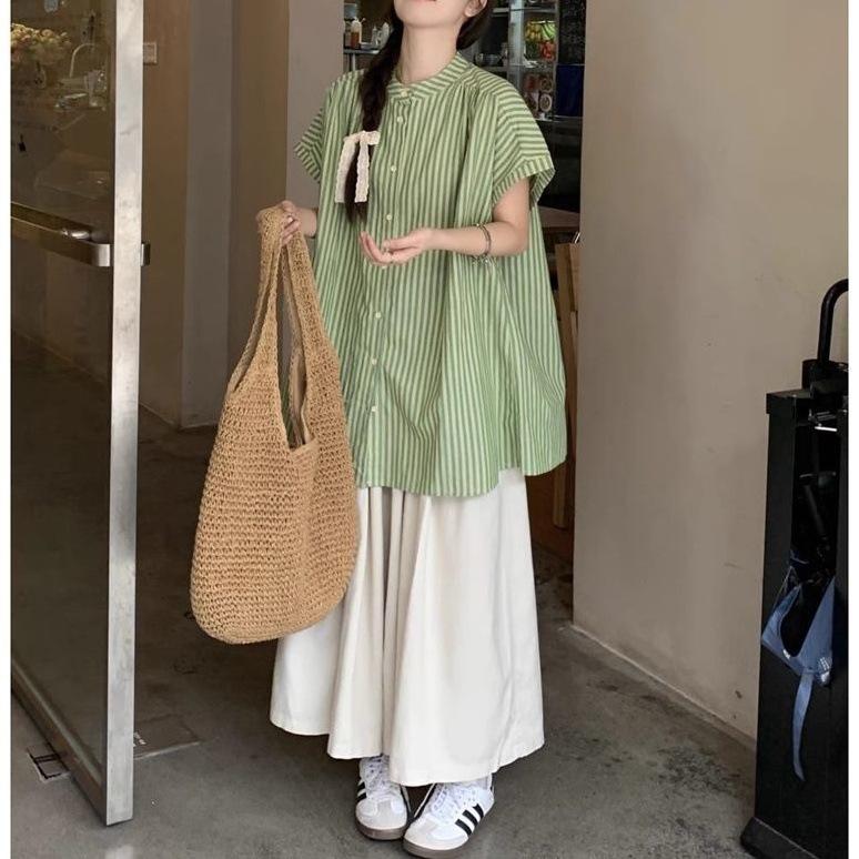 Simple striped versatile short-sleeved shirt women s summer new loose solid color wide-leg casual pants fashion suit trendy S