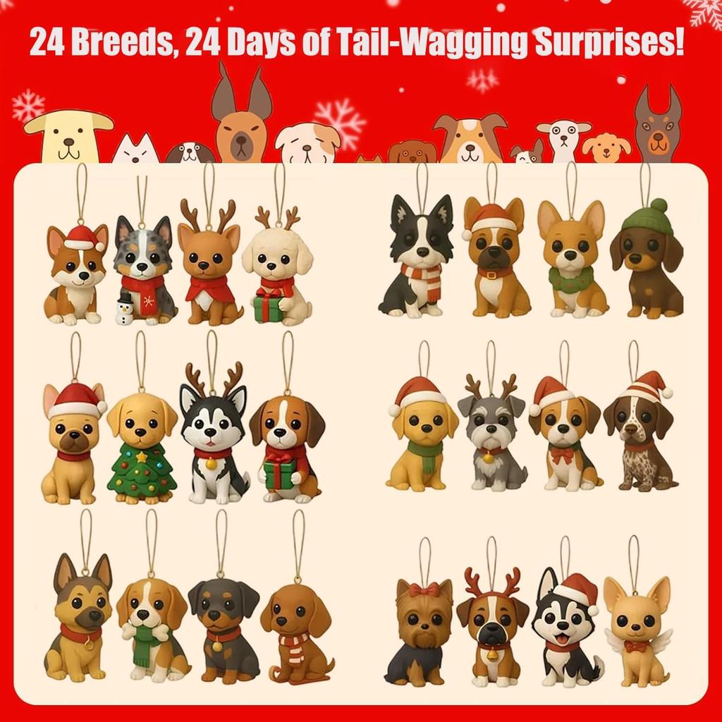 Hunde-Adventskalender, 24 Tage schwanzwedelnder Überraschungen! mit 24 entzückenden Hunderassen-Ornamenten, Weihnachts-Countdown-Kalender für Hundeliebhaber und Hund