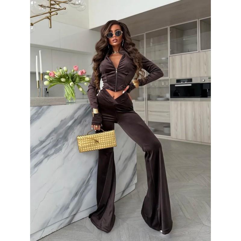 Womens Casual Two-Piece Set: Solid Color Long Sleeve Zip-Up Cardigan Elastic Flare Pants