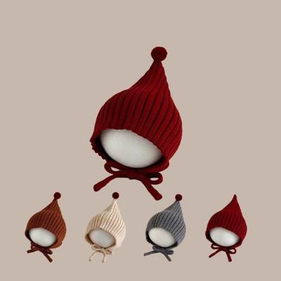 Süße einfarbige Baby-Strickmütze mit Schnürung, warme Kinder-Pullovermützen, Woll-Ohrenschützer, Winter-Babymütze