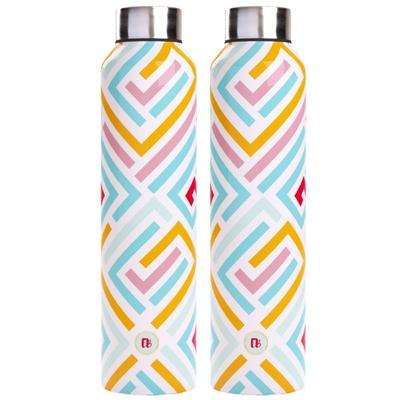 Stainless Steel Water Bottle 1 Litre Pack of 2 Leakproof Office Fridge Gym Dance Travel School Home Refrigerator (1L, Modern Art)