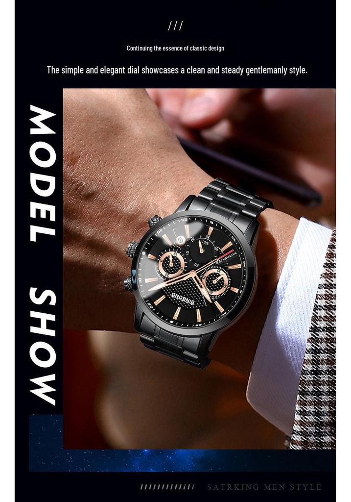 BINBOND Men's Waterproof Quartz Sports Watch with Steel Strap and Dual Eye Multifunction.