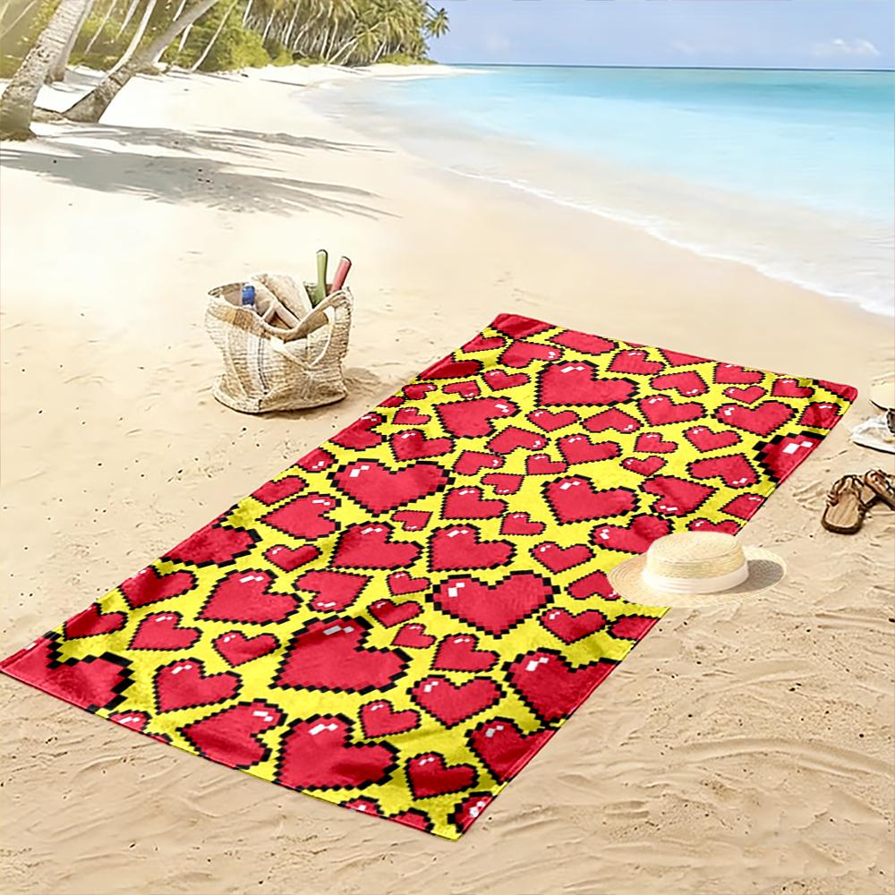 Pixel Red Hearts On Yellow Background Beach Towel Quick-drying for Travel Outdoor Sports Jogging Beach and Swimming