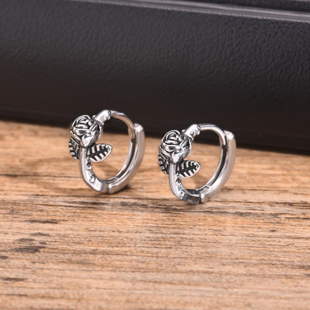 Retro Rose Flower Earrings for Men Boys,Stainless Steel Trendy Hiphop Hoop Earrings,Gothic Huggie Male Jewelry Birthday Gift