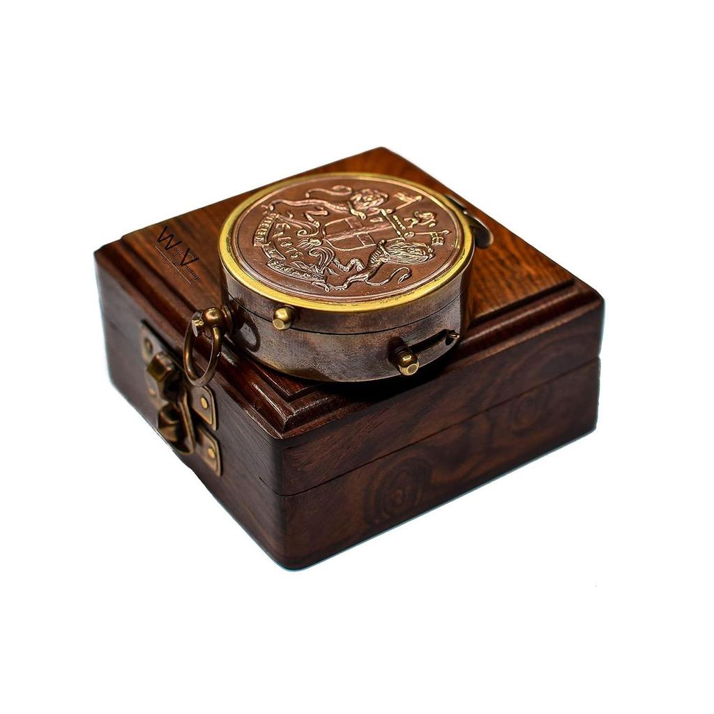 Antique Brass Pocket Compass with Wooden Box