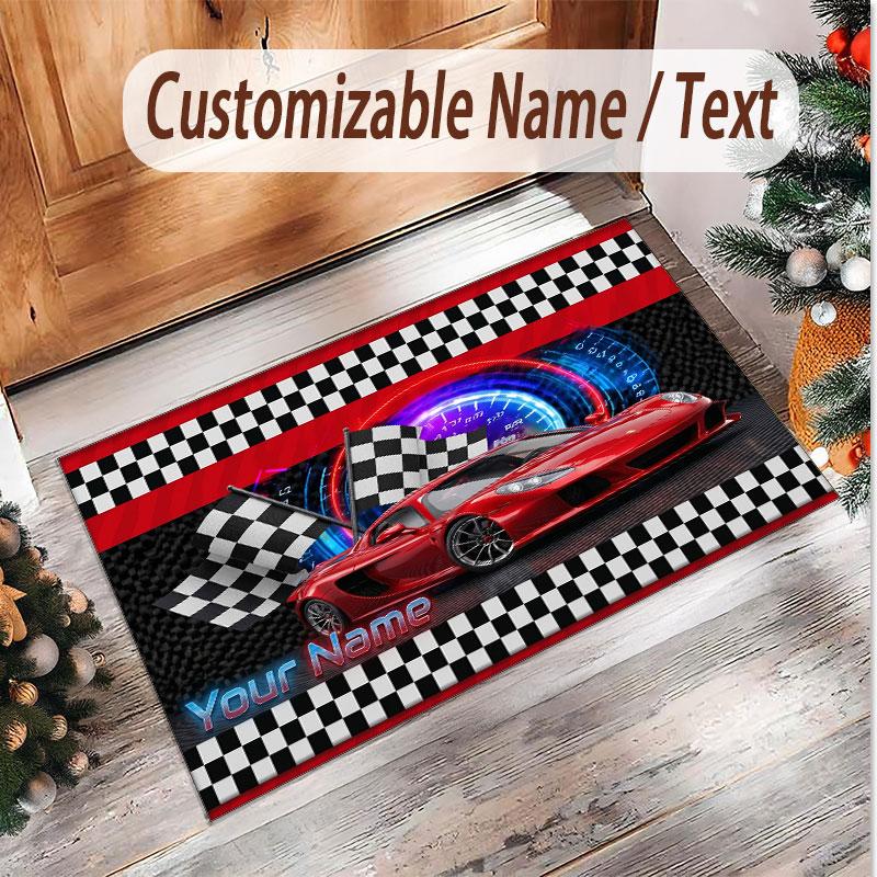 Car Racing Theme Soft Crystal Velvet Rug Custom Name & Text Print Non Slip Floor Rug for Bedroom Living Room