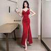 Suspender mesh splicing evening dress skirt women's waist and thin light luxury niche temperament split fork slim long skirt summer