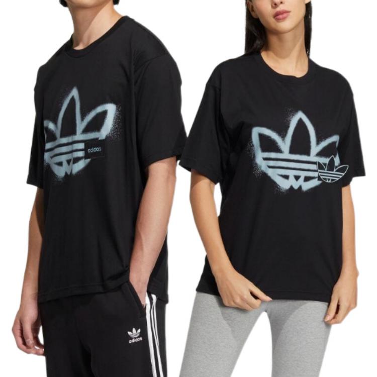 Adidas Originals Trefoil Crew Neck Drop Shoulder Logo Print Short Sleeve T-Shirt Unisex Tops Black HS2007