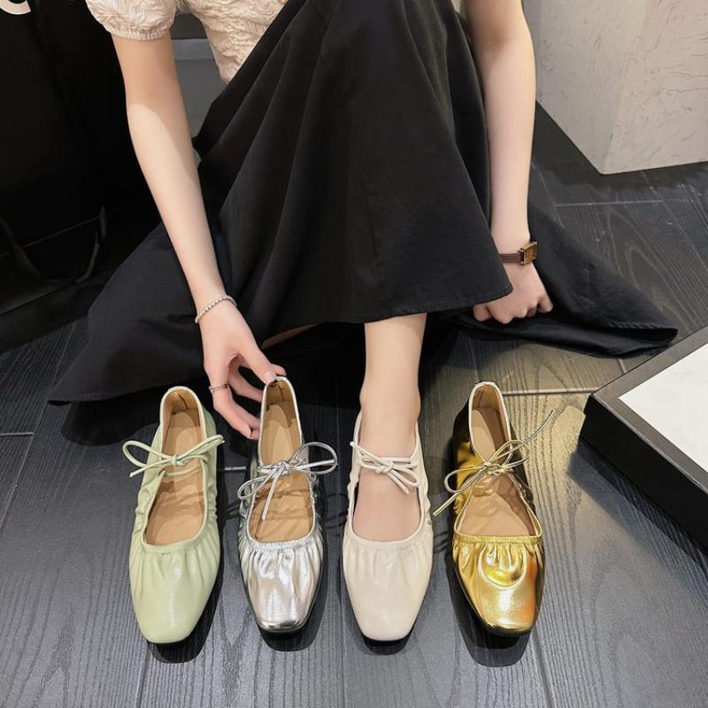 Fashion Women Flat Soft Lace-up Loafers Female Spring New Fashion Silver Mary Jane Single Shoes Ladies Casual Dress Outdoor Ballet Shoes