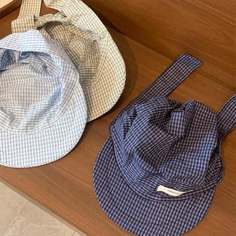 Spring and Summer Korean Style Literary Checkered Straps for Women with A Small  Versatile Flat Brimmed Baseball Cap Sun Protection Sun Hat