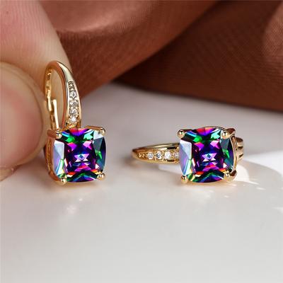 Mystic Rainbow Princess Cut Stone Hoop Earrings For Women Vintage Gold Color Party Wedding Earrings