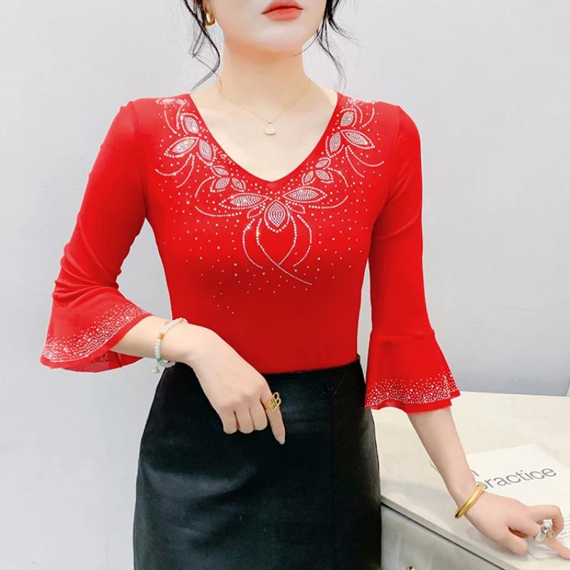 Summer Streetwear Women's Tops Shirt Elegant Slim V-Neck Hot Diamonds Mesh T-Shirt Flare Sleeve Slim Tees
