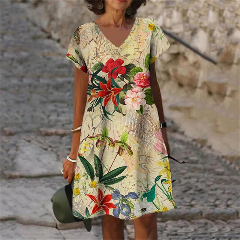 Nieuwe Zomerbloemen Plant 3D Print Dames Jurken Korte Mouw V-Hals Jurk Vrouwelijke Zomerjurk Vestidos