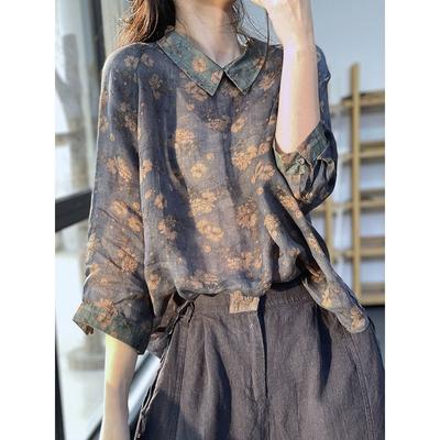 Zomer Artistiek Retro Gesplitst Losse Shirt Pullover Bloemen Lichtgewicht Blouse Vrouwen