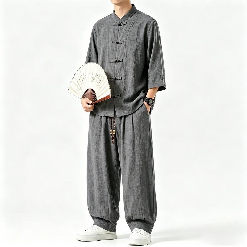 Men Chinese Style Retro Stand Collar Shirt And Pants Casual Two Piece Set