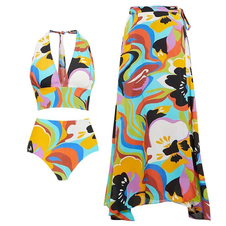 2024 European & American Deep V Halter Bikini Set – Stylish Pattern Print Swimsuit for Women