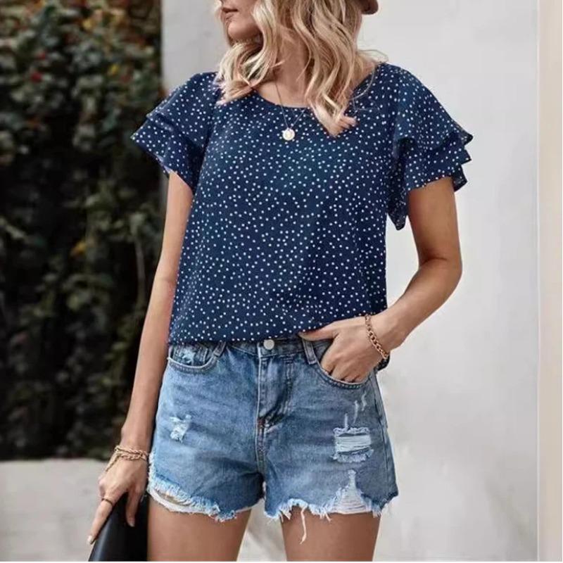 Womens Summer Red Polka Dot Print Blouse With Ruffle Short Sleeves Casual Round Neck Versatile T Shirt