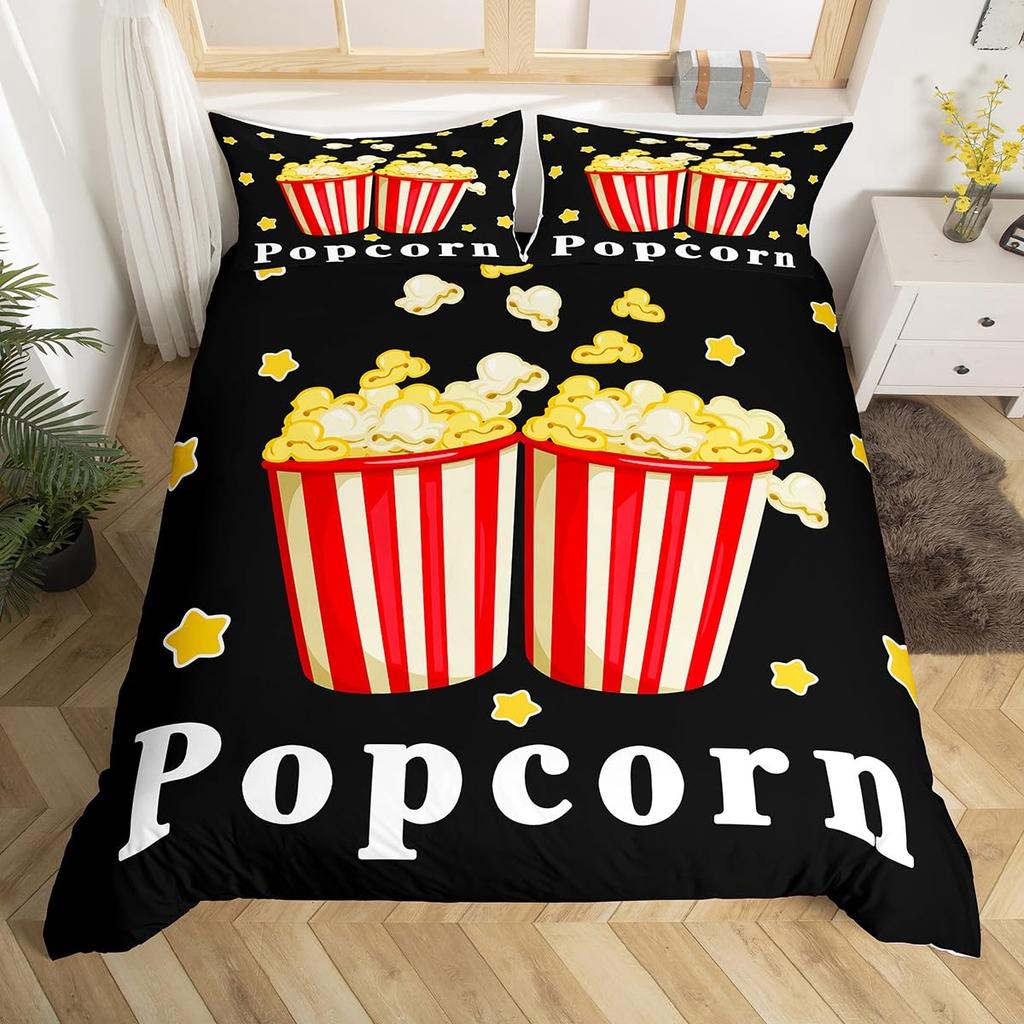 Popcorn Food Bedding Set King Queen Double Movie Theater Theme Duvet Cover Filmstrip Polyester Comforter Cover Blue Quilt Cover