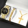 3pcs/set, Fashion Men's Business Calendar Stainless Steel Quartz Watch & Bracelet & Cross Pendant Necklace