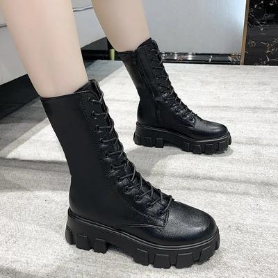 Módne Nové čižmy po lýtka Dámske Jesenná Zimná Móda Šnurovacie Dámske Chelsea Zipové Botas Mujer Čižmy Športové Platformový Podpätok Dámske Topánky