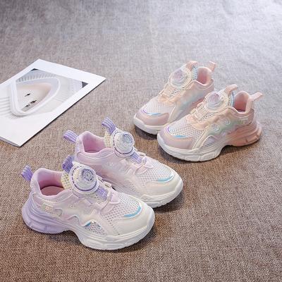 Scarpe da ginnastica per bambine con fiori, scarpe da corsa per bambini con bottone girevole, nuove scarpe sportive per bambini 2025, stile principessa, comode
