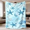 New Arrival Bohemian Coastal Nautical Ultrasound-Pressed Starfish & Seashell Flannel Blanket - Soft Bedspread & Couch Cover In Blue & Beige, - Bedspre