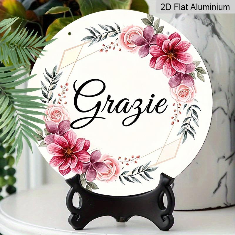 2D Flat Retro Aluminum Wall Stickers In Various Sizes. "Grazie" Watercolor Floral Thank-you Wall Hanging, with A Gentle and Fresh Style. A Perfect