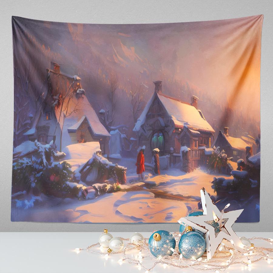 Amazon Festive Hanging Cloth Christmas Background Cloth Printed Cartoon Christmas Tree Snowman Tapestry
