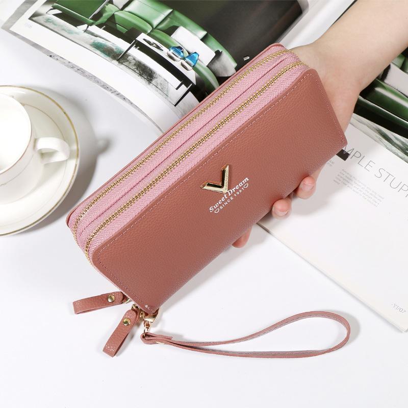 New Fashionable Double-layer Double-zipper Wallet Soft Leather Lychee Pattern Clutch Bag Niche Women's Long Mobile Phone Bag