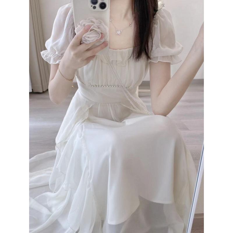 Women's Summer French Square Neck Fairy Dress - Waist Slimming, Medium-Length