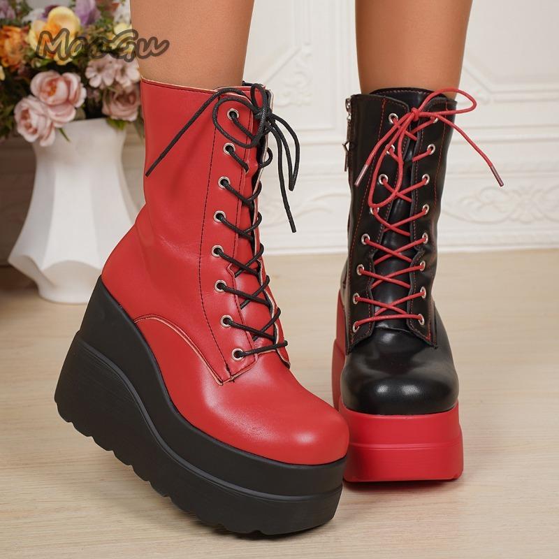 Color Blocked Side Zip Wedge Heel Mid-Calf Boots  Thick Sole Punk Gothic Boots For Women Front Lace Up Platform Shoes Botas