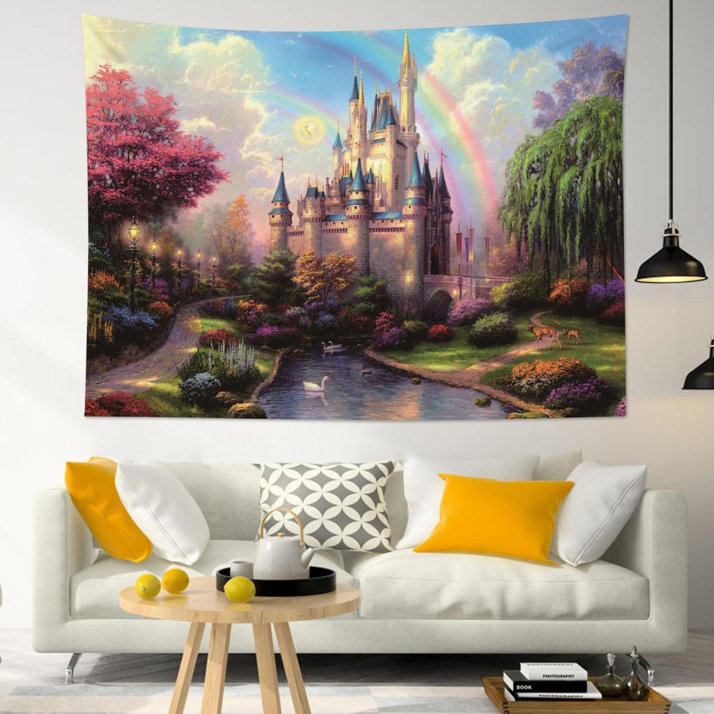 Castle Tapestry Trees And River In Fantasy Forest Wall Hanging Fairy Tale Tapestries For Kids Bedroom Living Room Dorm Party