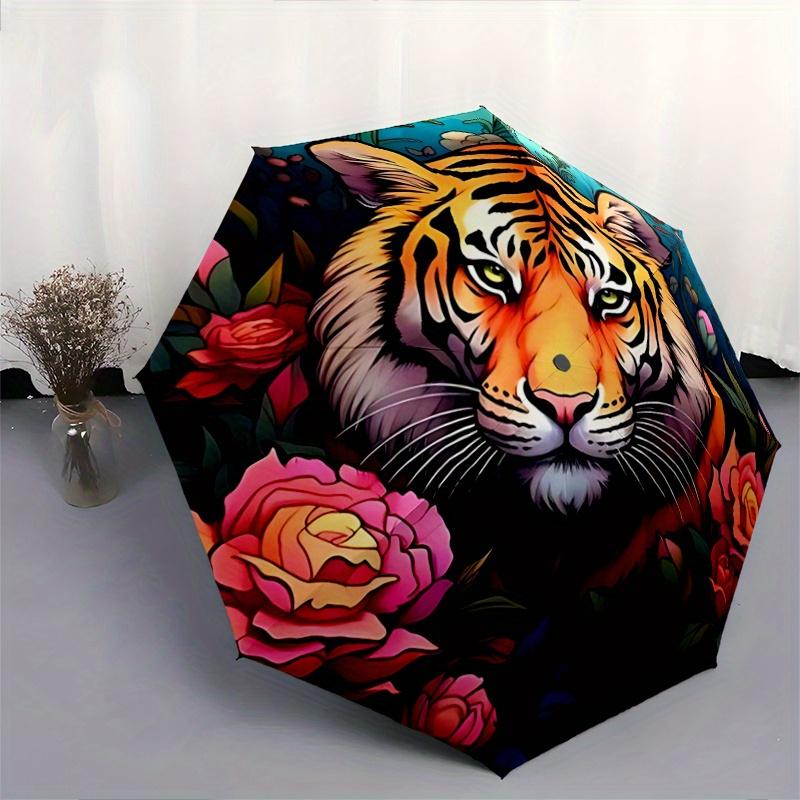 1pc Tiger Head & Flower Pattern Automatic Umbrella is Fashionable and Good-Looking, a Portable 3-Fold Umbrella, Suitable for Travel and Dail