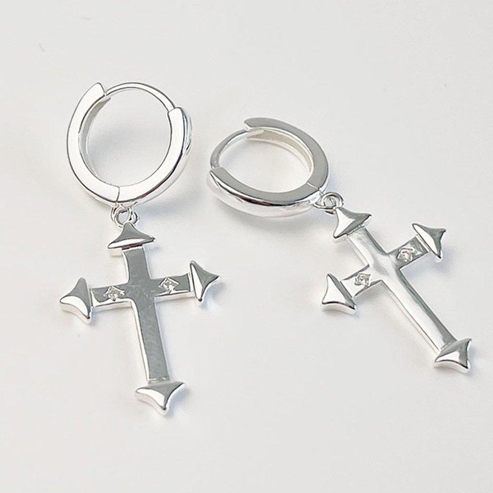 P1236W Silver S925 Point Cubic Cross Drop Ring Earrings - Silver Men's and Women's Silver Earrings
