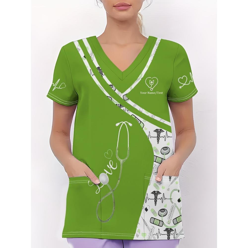 Clinical Uniform Woman Stethoscope Print V-Neck Short Sleeve Nurse Uniform Tops Fashion with Pocket Dentist Nurse Uniform Woman