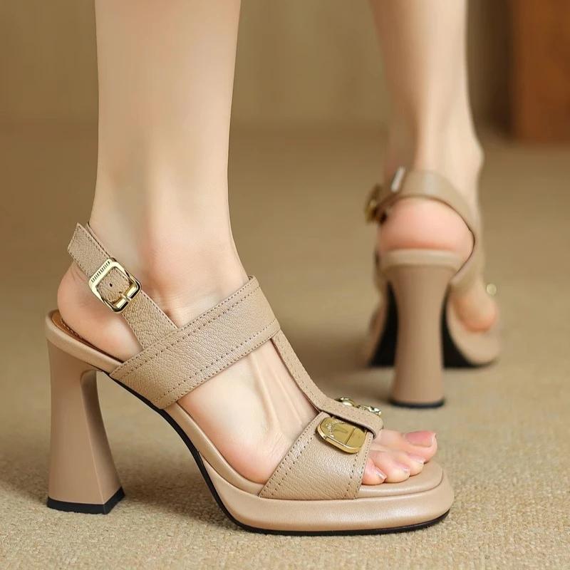 2025 Women's Fashion Sandals Metal Decoration One-line Buckle Square Heel Women Shoes Dress French Square Toe Sandalias De Mujer