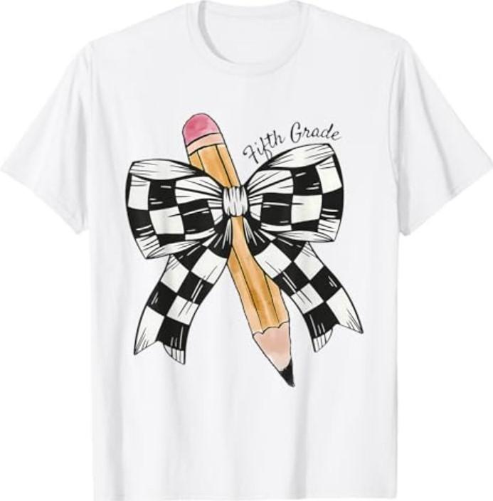 Back to School Hello Fifth Grade Teacher Coquette Pencil Bow T-Shirt
