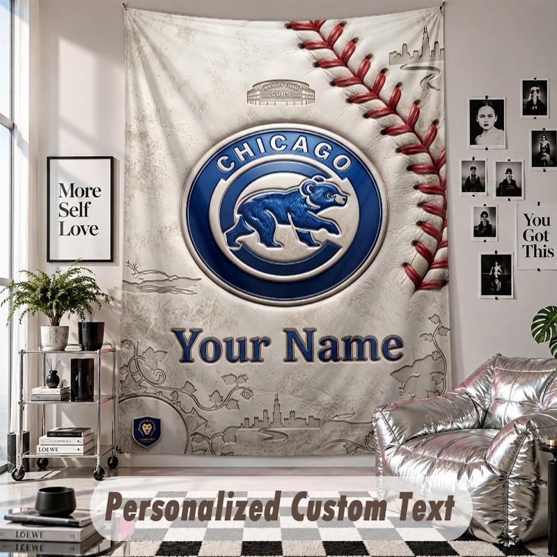 Wall Hanging Tapestry With Custom Name & Text, Chicago Cubs Decorative Tapestry For Bedroom
