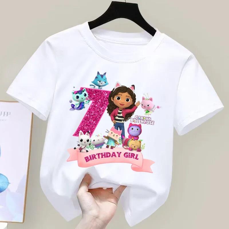 Gabbys Puppenhaus Geburtstag Zahl T-Shirt Mädchen Weiß Rosa Kurzarm T-Shirts Oberteile Baumwolle Sommer Lässig Partyzubehör T-Shirt