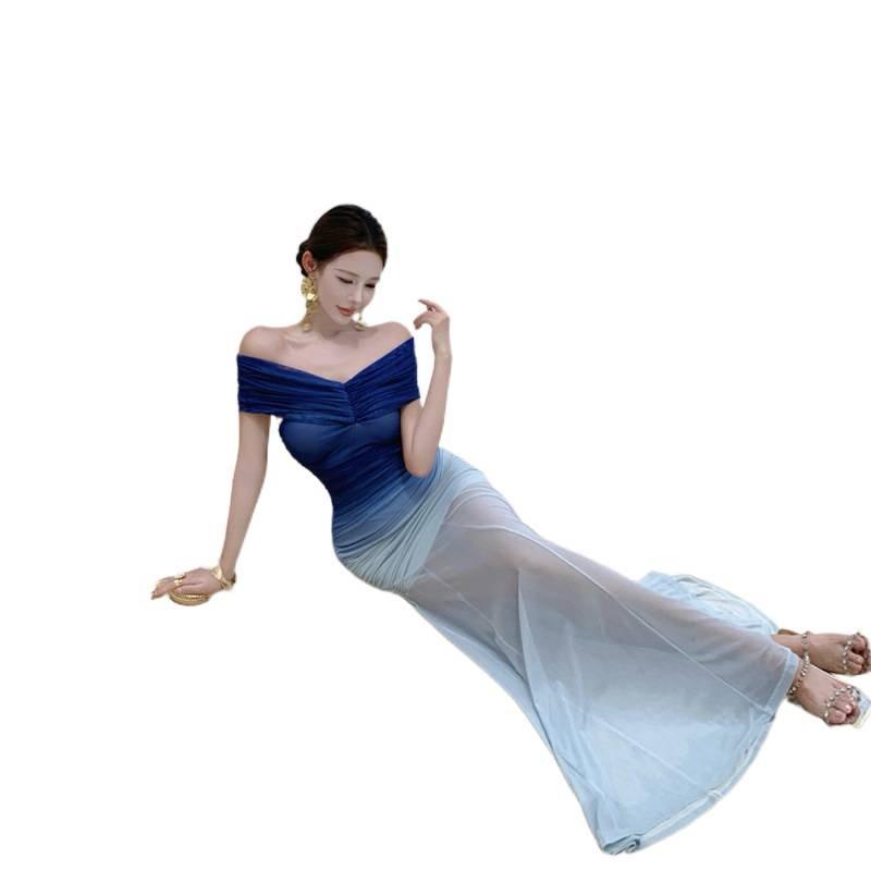 New Blue Gradual Change Mesh Word Shoulder Dress Female Sexy Temperament Slim Holiday Beach Dress