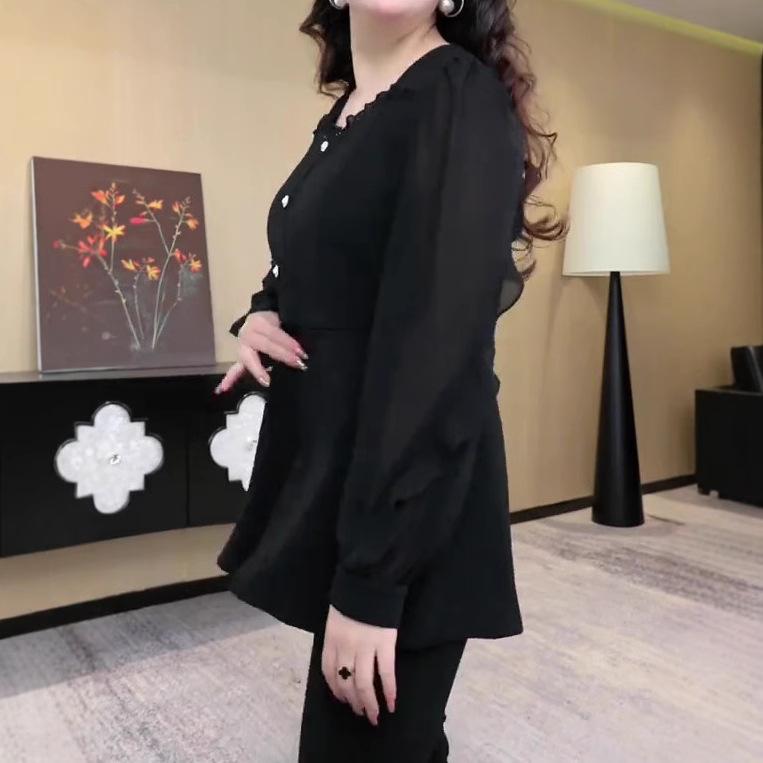 2025 Spring Plus Size Chiffon Lace Casual Shirt - Versatile Fashion for Middle-Aged Women