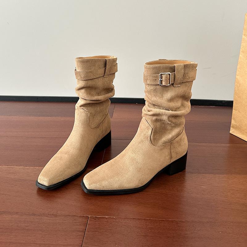 Autumn and winter new retro suede short boots women's western cowboy boots women's thick heel and short tube stacking boots