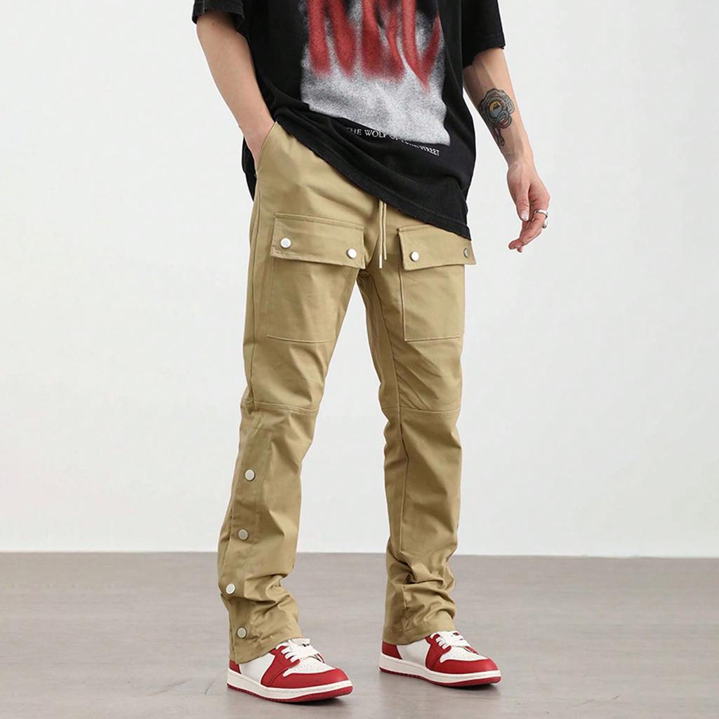 Men's Solid Color Retro Straight Wide Leg Trousers Men's Casual Fashion Multi Pocket Trousers