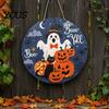 Seasonal Window Display Sign Halloween Boo Wood Door Hanger with Cute Ghost Black Hat Pumpkin Print, Front Creative Holiday Party Decor Porch