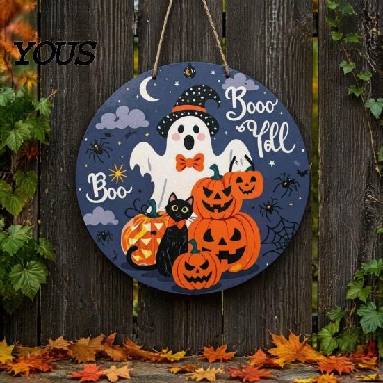 Seasonal Window Display Sign Halloween Boo Wood Door Hanger with Cute Ghost Black Hat Pumpkin Print, Front Creative Holiday Party Decor Porch